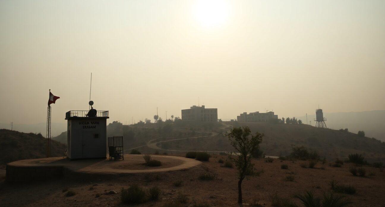 View of the Lebanon-Israel border with a UN observation post under a hazy sky