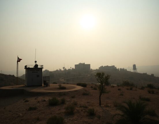 View of the Lebanon-Israel border with a UN observation post under a hazy sky