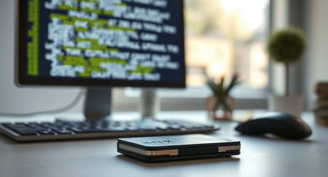 Hardware wallet on a desk with code on a screen in the background, representing security vulnerabilities.