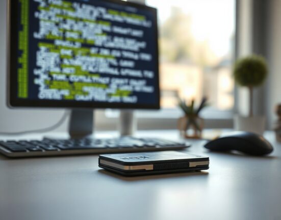 Hardware wallet on a desk with code on a screen in the background, representing security vulnerabilities.