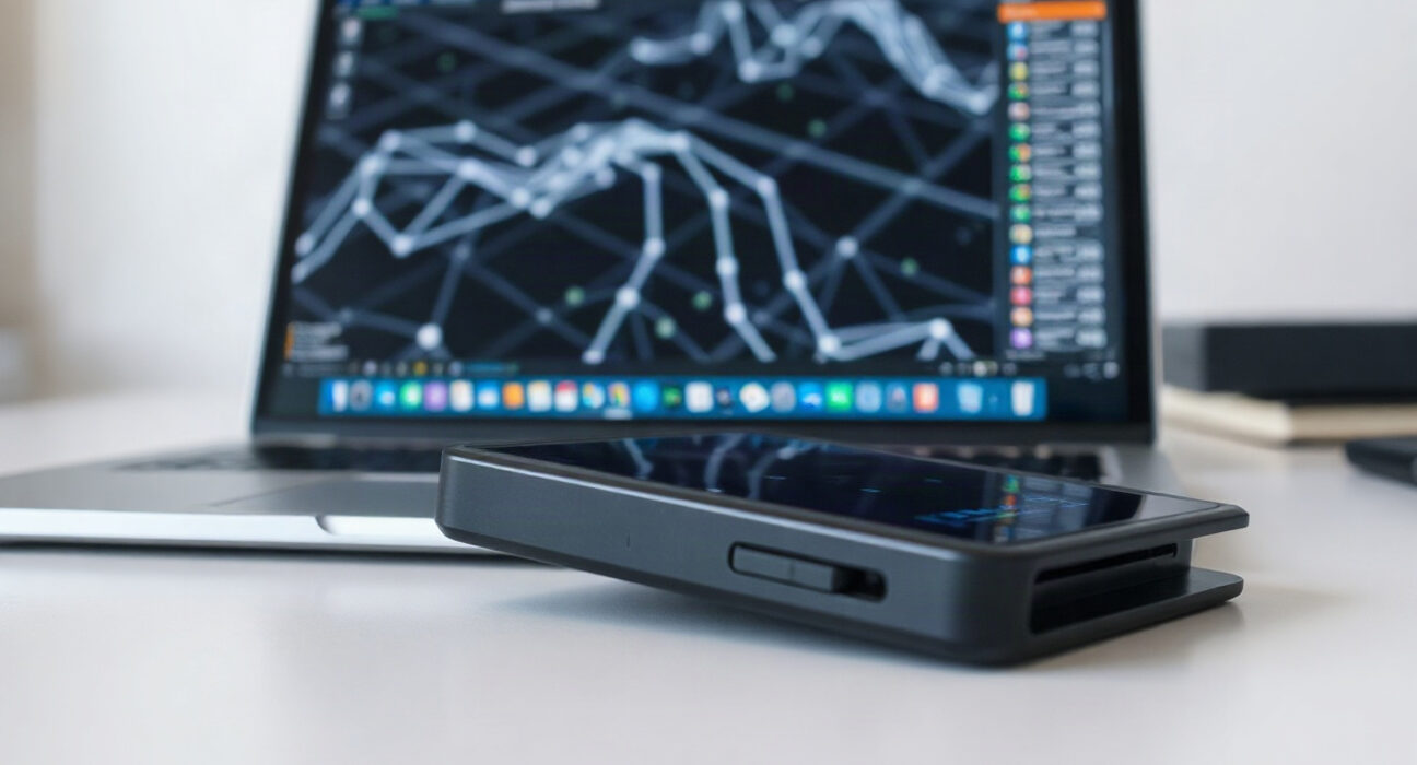 A hardware wallet device on a desk, symbolizing Ledger's security fix for the Ethereum app vulnerability.