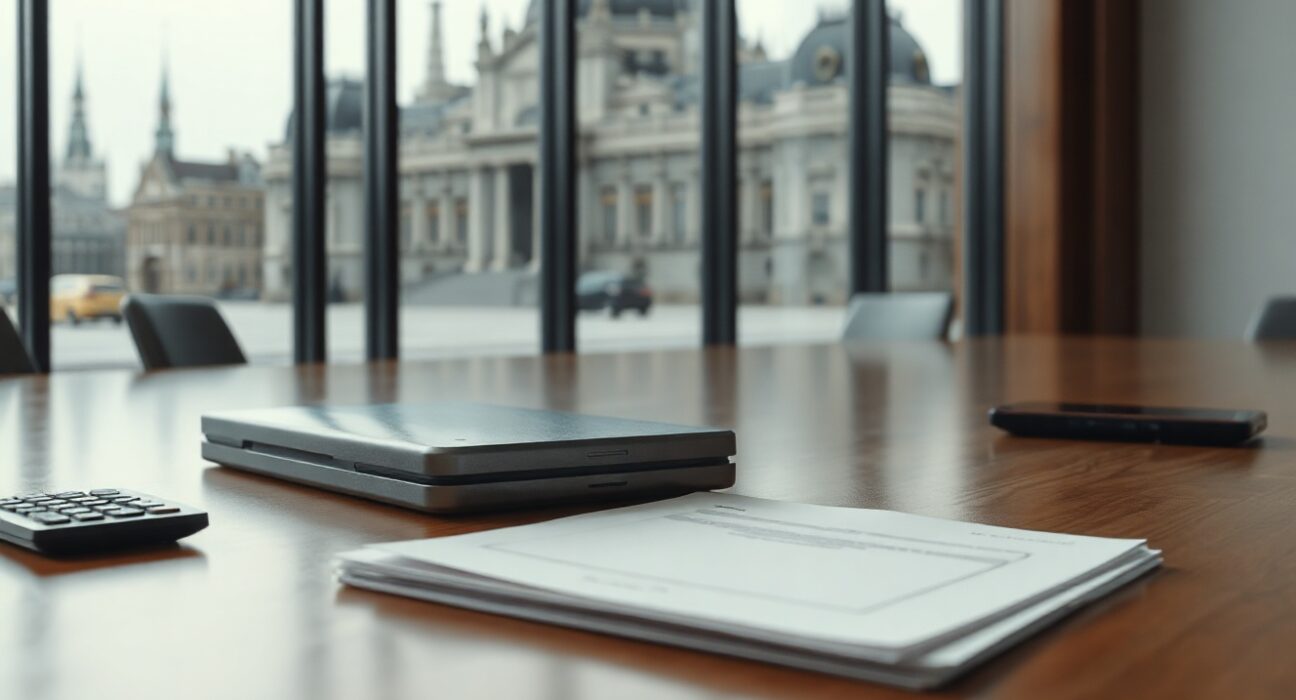 A hardware wallet on a table next to legal documents and a calculator, symbolizing the high compliance costs of EU crypto regulation.