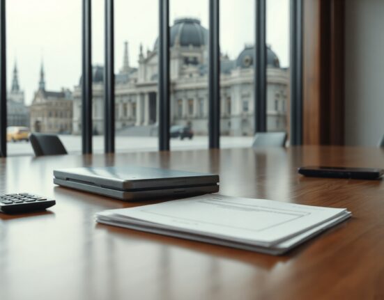 A hardware wallet on a table next to legal documents and a calculator, symbolizing the high compliance costs of EU crypto regulation.