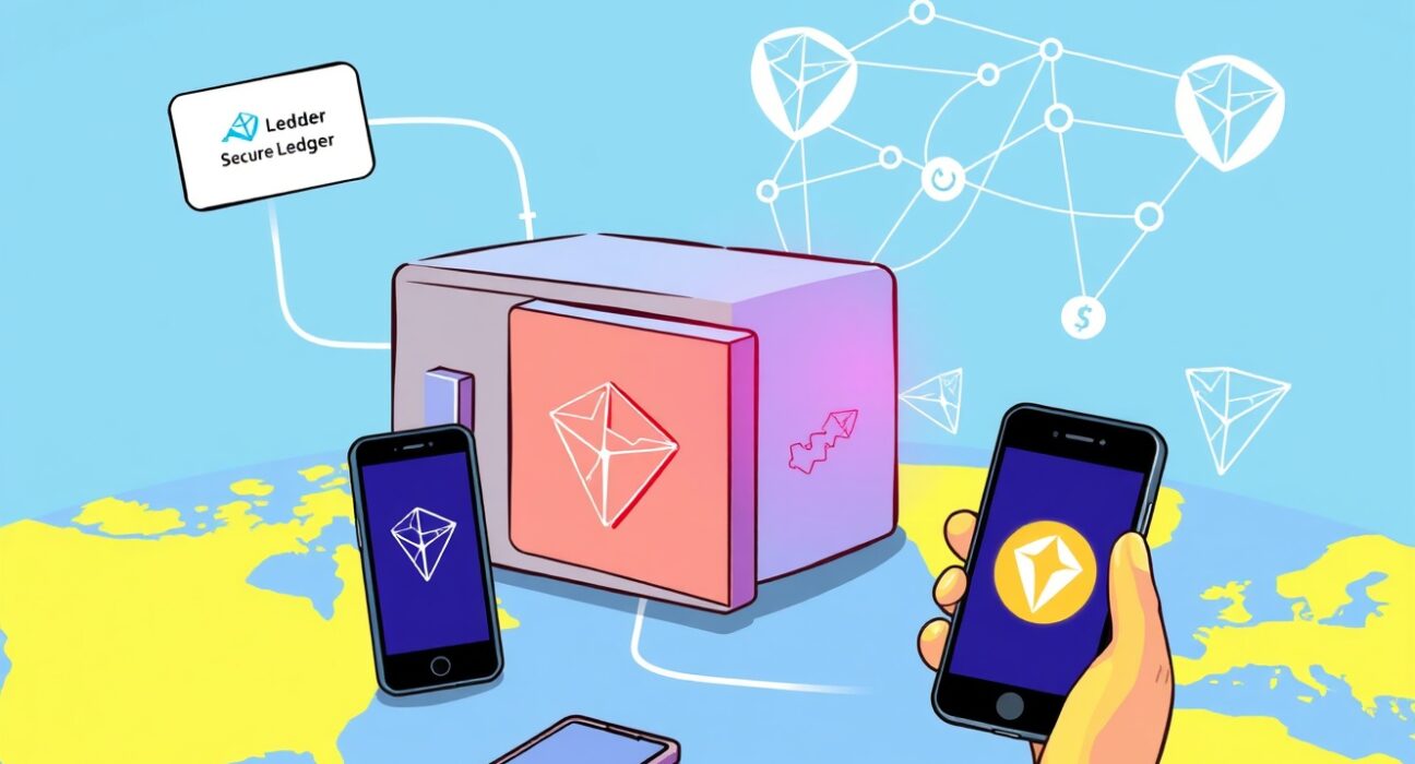 A cartoon illustration showing the secure connection of the new Ledger enterprise iOS app facilitating global stablecoin transfers.