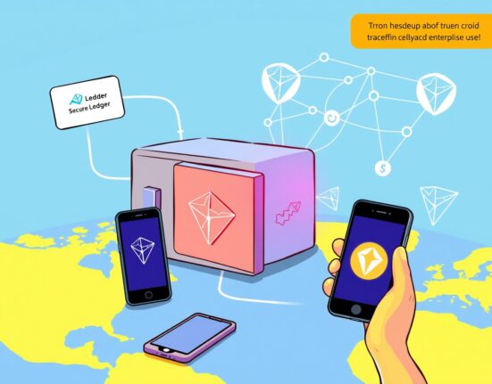 A cartoon illustration showing the secure connection of the new Ledger enterprise iOS app facilitating global stablecoin transfers.