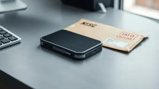 A Ledger hardware crypto wallet on a desk next to a shipping envelope, illustrating the CryptoBilis reseller investigation