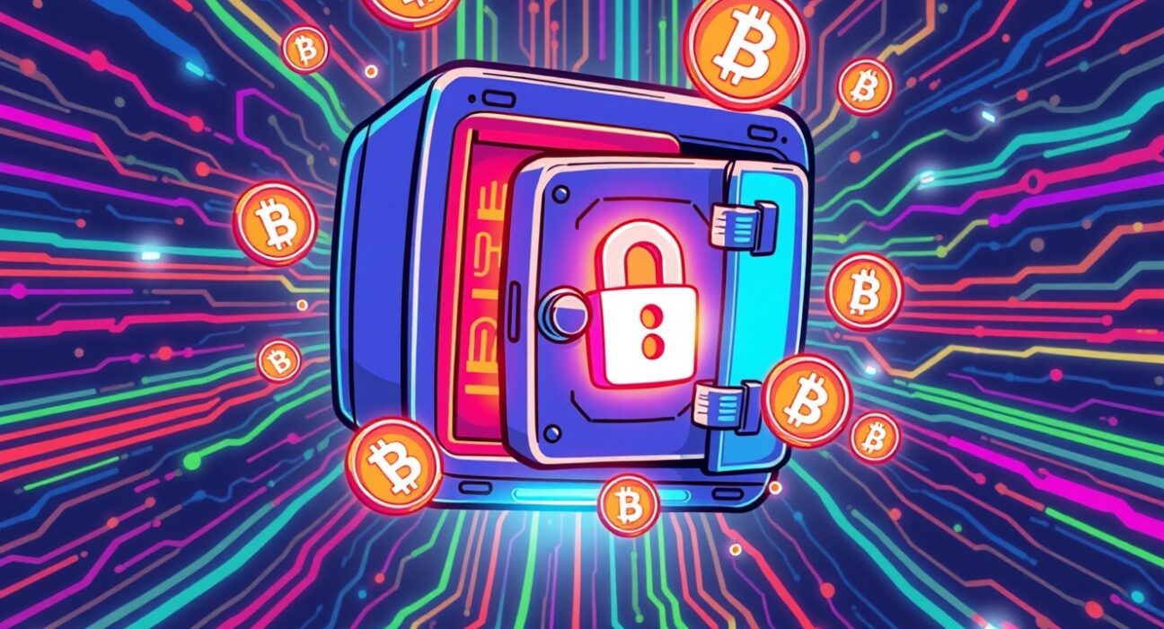 Ledger IPO vision for secure cryptocurrency storage in a vibrant digital vault illustration