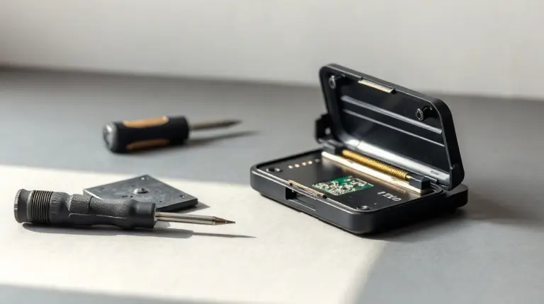 Opened hardware wallet casing on a workbench revealing internal circuit components during a security teardown