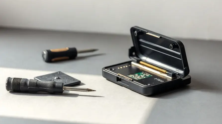Opened hardware wallet casing on a workbench revealing internal circuit components during a security teardown