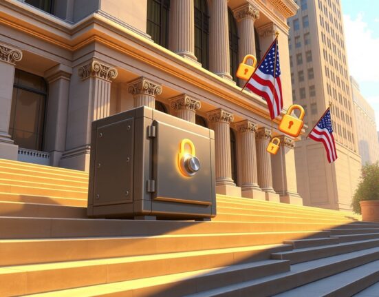 Conceptual Ghibli-style art of a Ledger hardware wallet securing the New York Stock Exchange, symbolizing the crypto security firm's potential public listing.