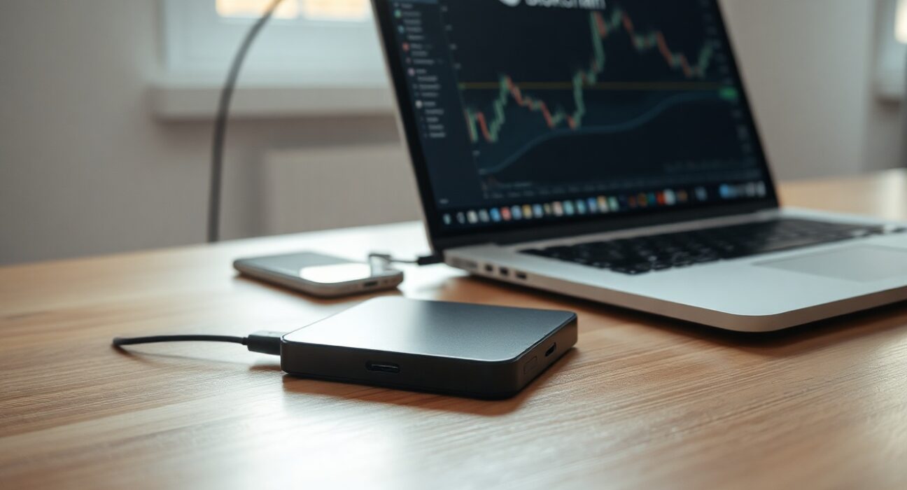 Ledger hardware wallet connected to laptop with Sui blockchain trading interface on smartphone