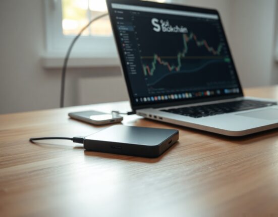 Ledger hardware wallet connected to laptop with Sui blockchain trading interface on smartphone