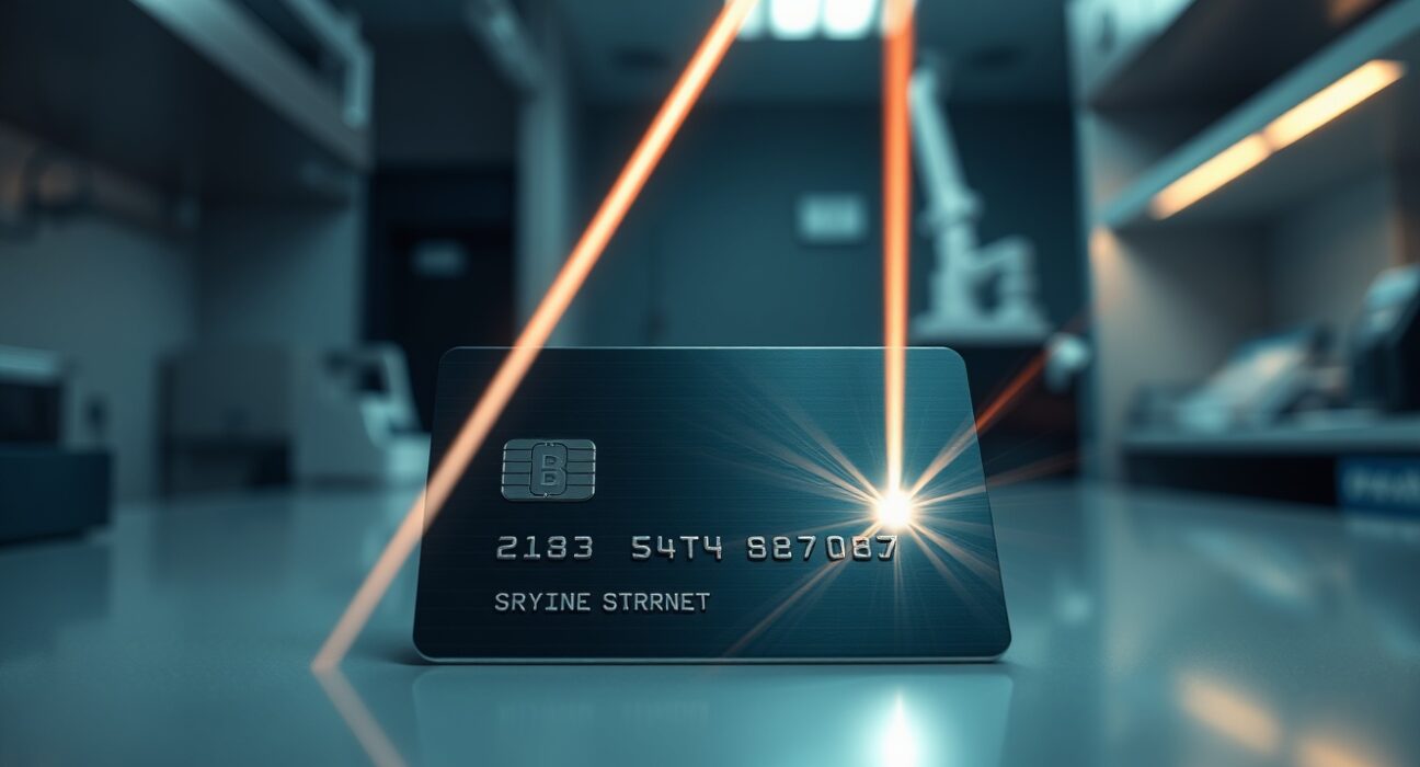A Tangem hardware wallet card under a focused laser beam in a laboratory setting