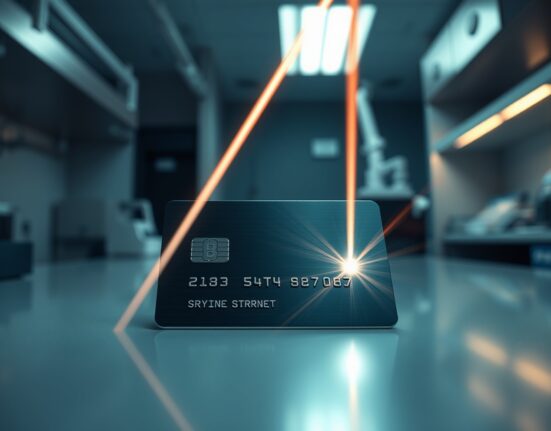 A Tangem hardware wallet card under a focused laser beam in a laboratory setting