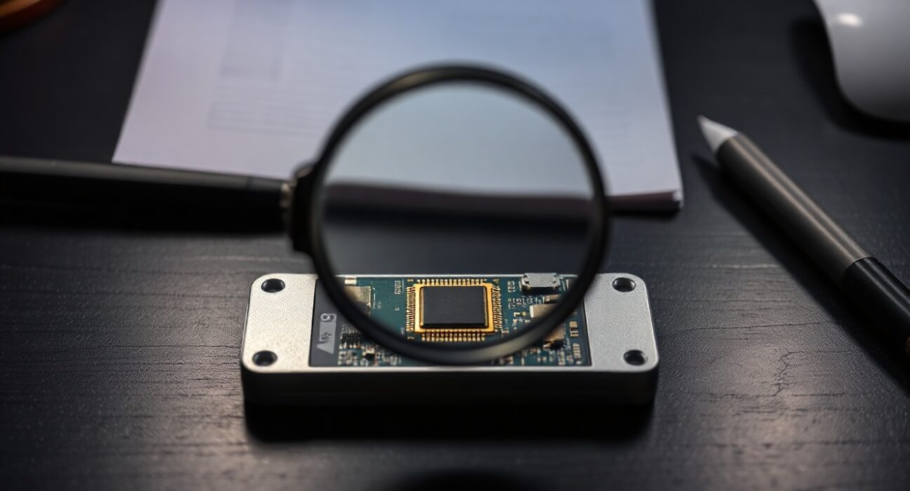 Trezor Safe 7 hardware wallet with a magnifying glass over its security chip on a desk