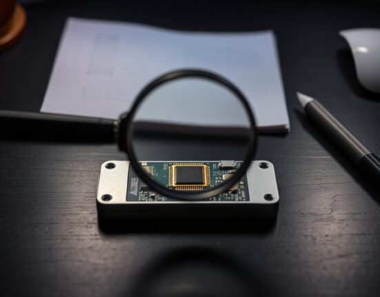 Trezor Safe 7 hardware wallet with a magnifying glass over its security chip on a desk
