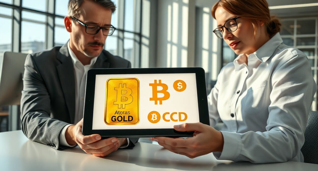 Financial advisor showing a client a tablet with gold and cryptocurrency symbols in a modern office setting