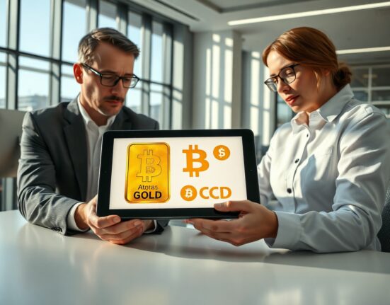 Financial advisor showing a client a tablet with gold and cryptocurrency symbols in a modern office setting