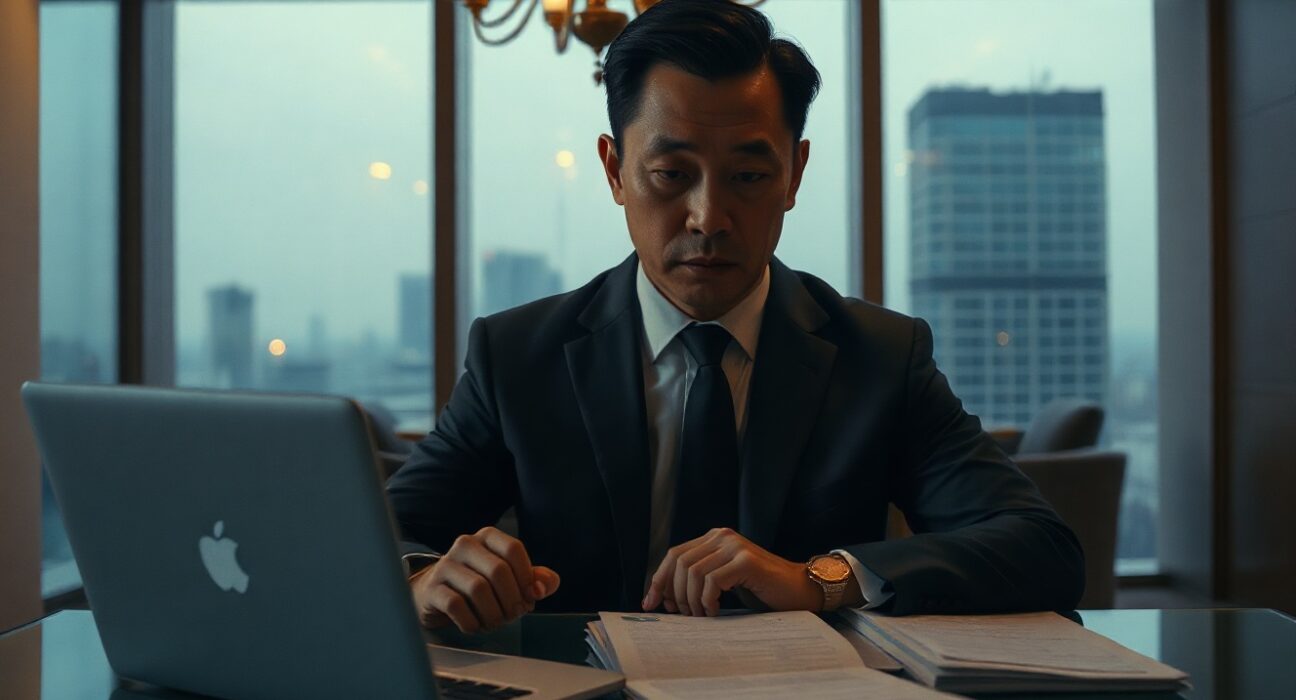 A man in a suit in a luxury hotel suite in Gangnam, Seoul, with documents on a table, representing bribery allegations in the Upbit coin listing scandal.