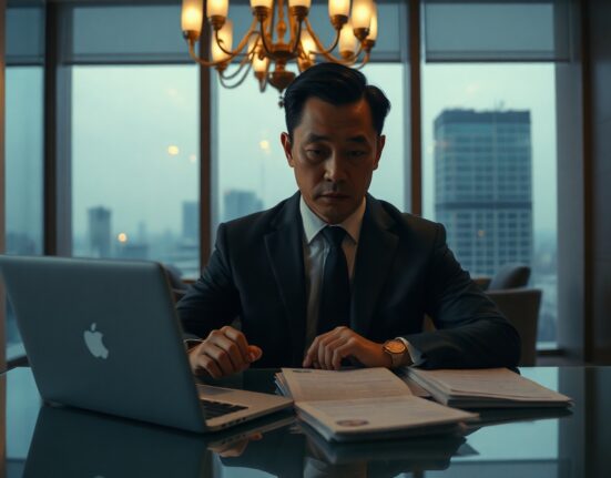 A man in a suit in a luxury hotel suite in Gangnam, Seoul, with documents on a table, representing bribery allegations in the Upbit coin listing scandal.