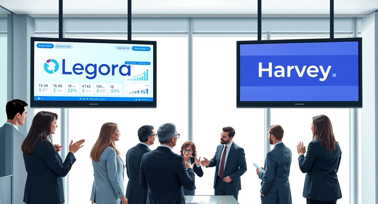 Legal AI startup Legora and Harvey logos displayed on screens in a law office, representing the intensifying battle in the legal tech market.