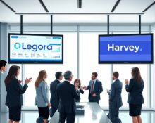 Legal AI startup Legora and Harvey logos displayed on screens in a law office, representing the intensifying battle in the legal tech market.