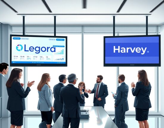 Legal AI startup Legora and Harvey logos displayed on screens in a law office, representing the intensifying battle in the legal tech market.