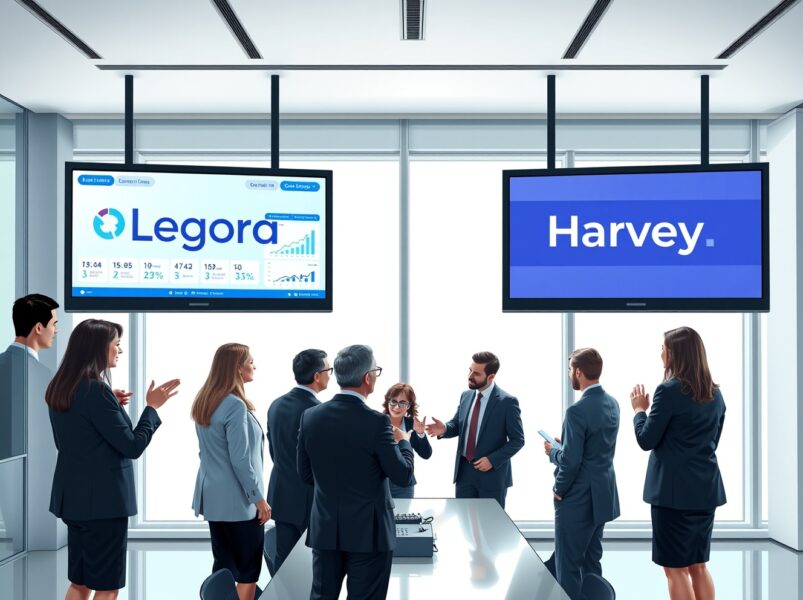 Legal AI startup Legora and Harvey logos displayed on screens in a law office, representing the intensifying battle in the legal tech market.