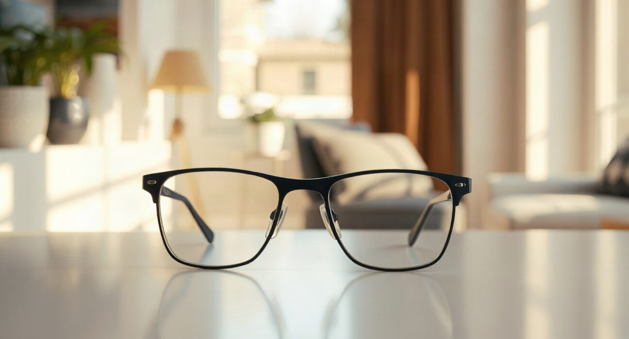 Legato AI hearing glasses on a clean surface, showcasing sleek design and integrated technology.