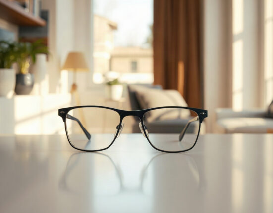 Legato AI hearing glasses on a clean surface, showcasing sleek design and integrated technology.