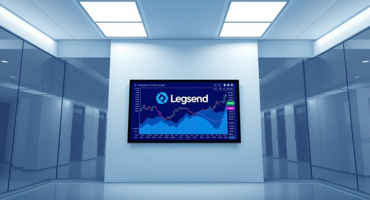 Legend protocol decentralized exchange interface displayed on a screen in a modern office, representing the $3.5M seed funding announcement.