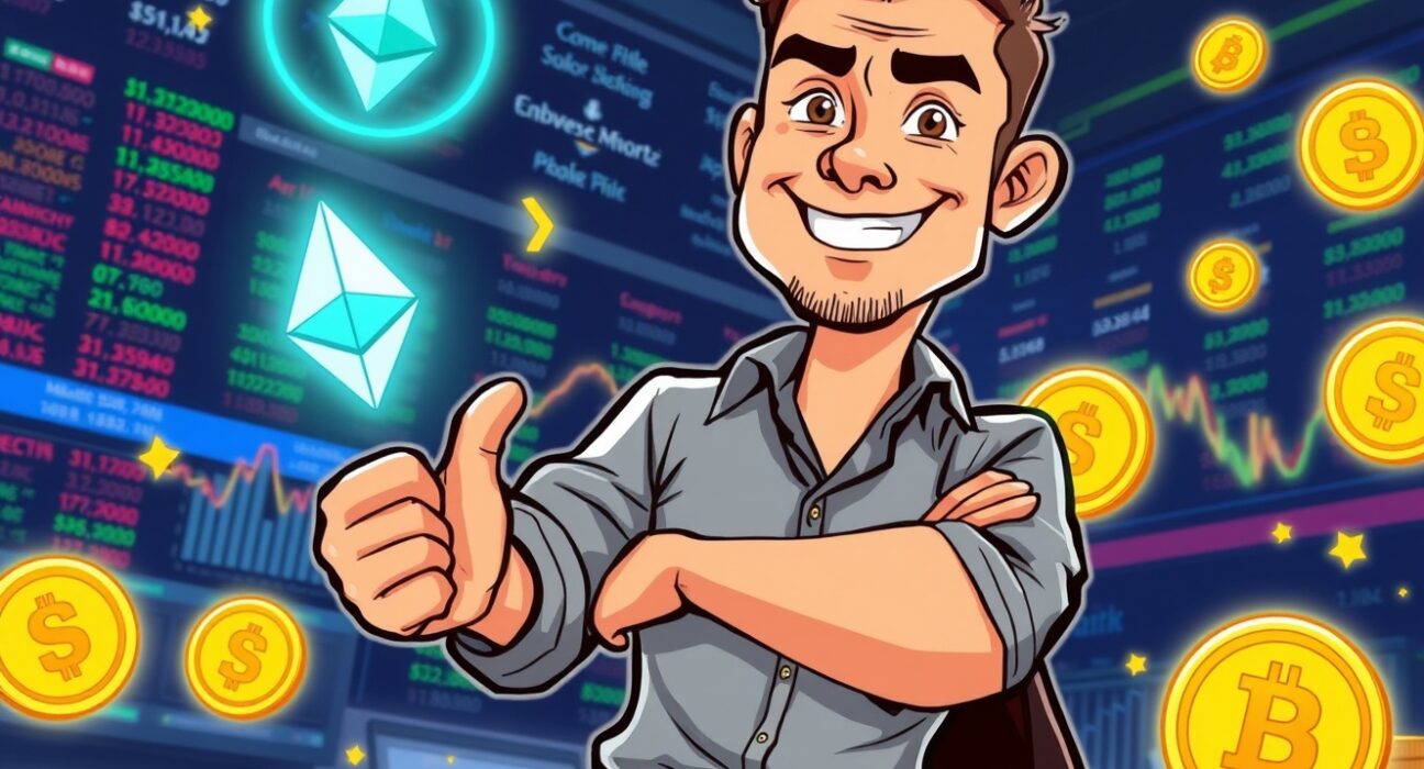 Legendary trader in cartoon style making a bold cryptocurrency investment with vibrant digital assets