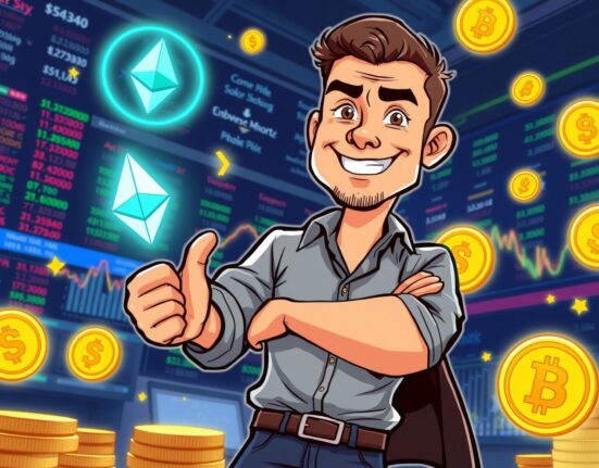 Legendary trader in cartoon style making a bold cryptocurrency investment with vibrant digital assets