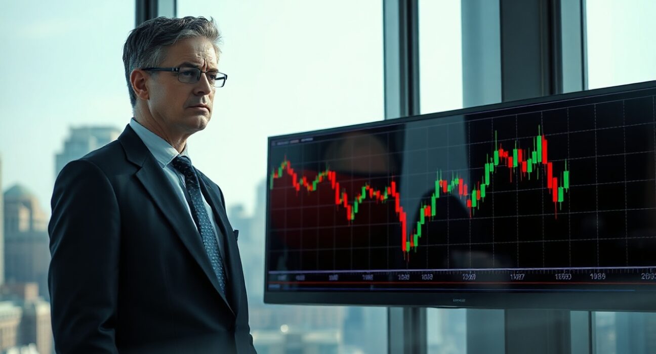 Lekker Capital CIO Quinn Thompson looking at declining Bitcoin chart in modern office