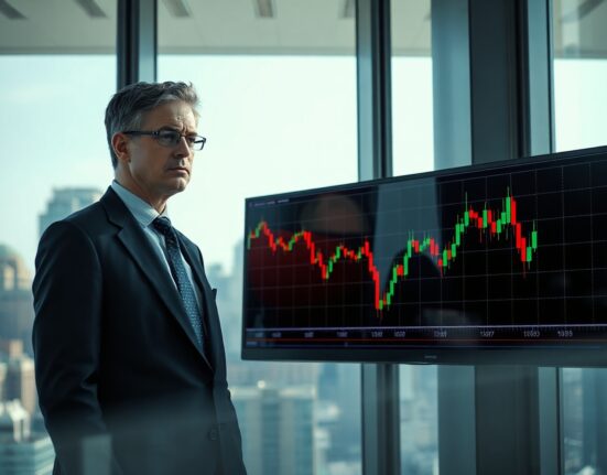 Lekker Capital CIO Quinn Thompson looking at declining Bitcoin chart in modern office