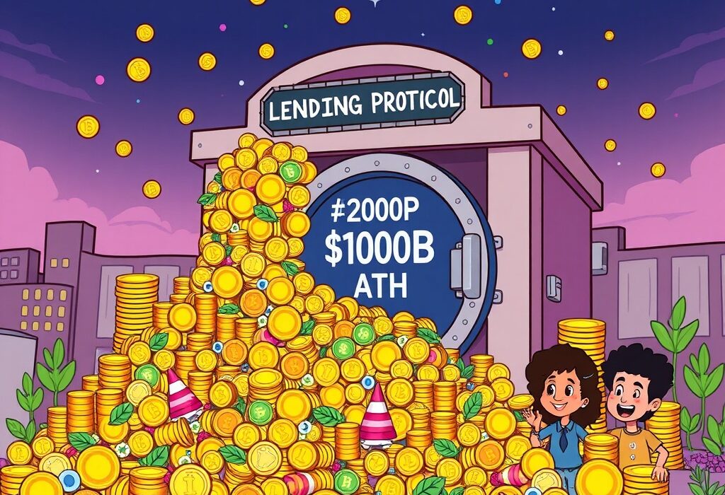 Illustration of massive growth in lending protocol deposits, showing digital assets flowing into a secure vault, symbolizing the $100 billion milestone.