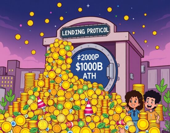 Illustration of massive growth in lending protocol deposits, showing digital assets flowing into a secure vault, symbolizing the $100 billion milestone.