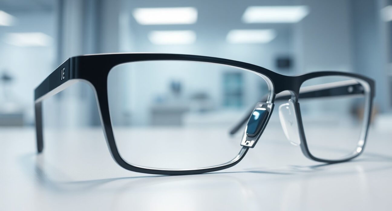 Close-up of a smart glasses frame with a tiny optical lens module, representing LetinAR's PinTILT technology.
