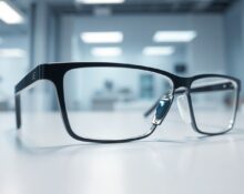 Close-up of a smart glasses frame with a tiny optical lens module, representing LetinAR's PinTILT technology.
