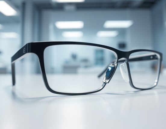 Close-up of a smart glasses frame with a tiny optical lens module, representing LetinAR's PinTILT technology.