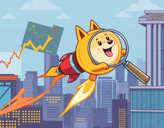 A rocket-powered Dogecoin symbolizing the potential for amplified gains from a leveraged DOGE ETF.