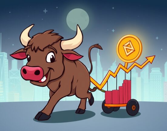 Cartoon bull pulling Kraken ETF graph in vibrant city setting