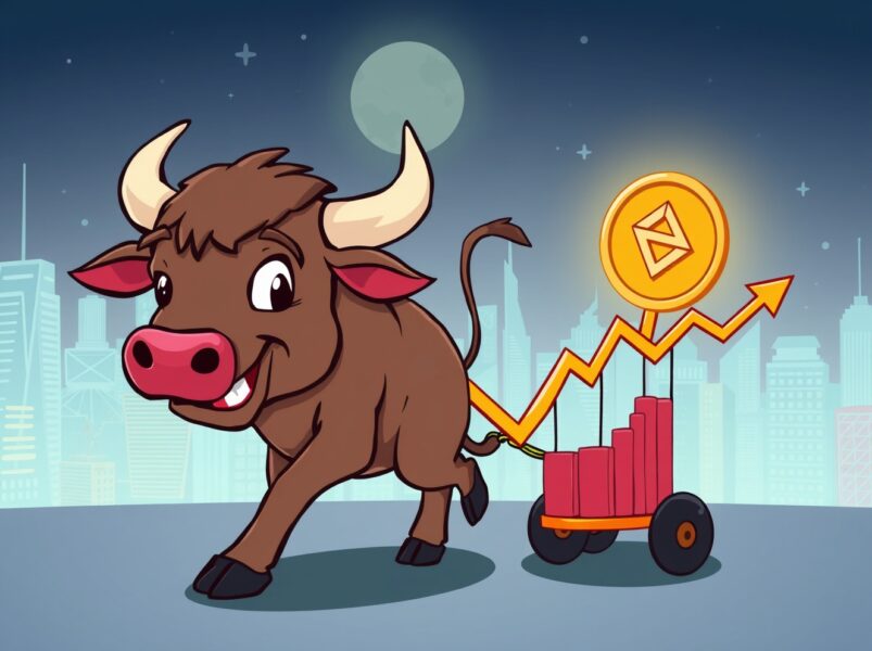 Cartoon bull pulling Kraken ETF graph in vibrant city setting