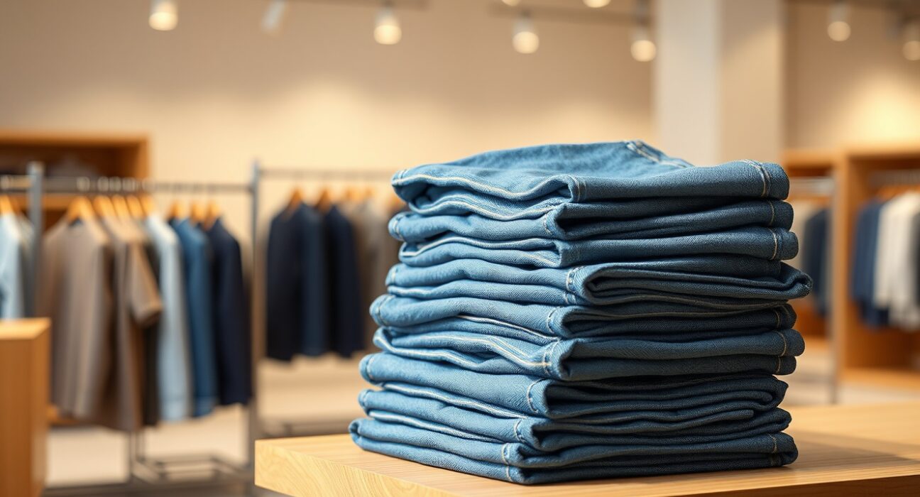 Stack of blue denim jeans on a retail shelf representing Levi Strauss apparel sales.