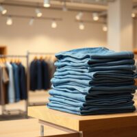 Stack of blue denim jeans on a retail shelf representing Levi Strauss apparel sales.
