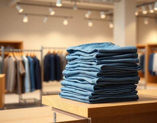 Stack of blue denim jeans on a retail shelf representing Levi Strauss apparel sales.