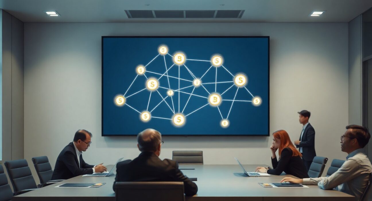 LG CNS stablecoin platform development in Seoul office with blockchain screen