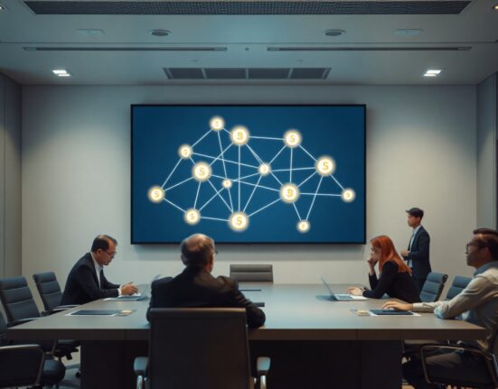 LG CNS stablecoin platform development in Seoul office with blockchain screen