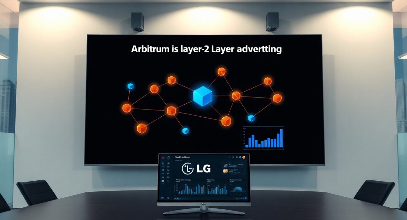 LG Electronics corporate boardroom with blockchain network visualization on digital screen representing Arbitrum-based ad trading system