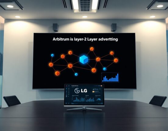 LG Electronics corporate boardroom with blockchain network visualization on digital screen representing Arbitrum-based ad trading system